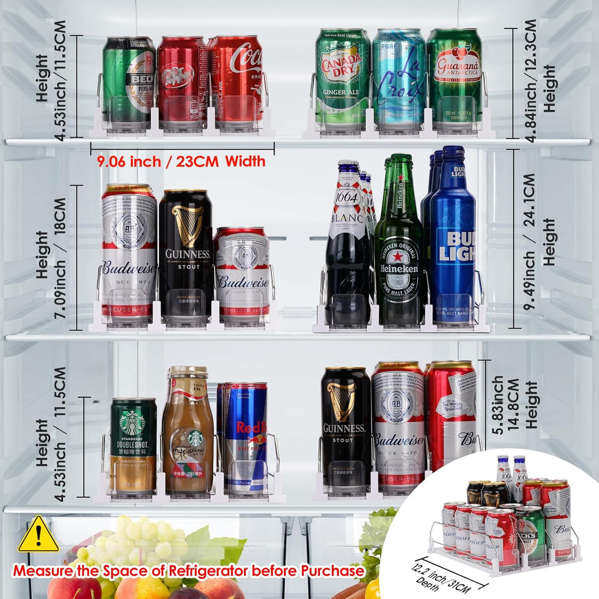 Drink Dispenser for Refrigerator, Self-Pushing Soda Can Organizer for Fridge, 3 Rows has been Assembled, Automatic Can Organizer with Spring Loaded for Refrigerator Holds 12 cans, Black