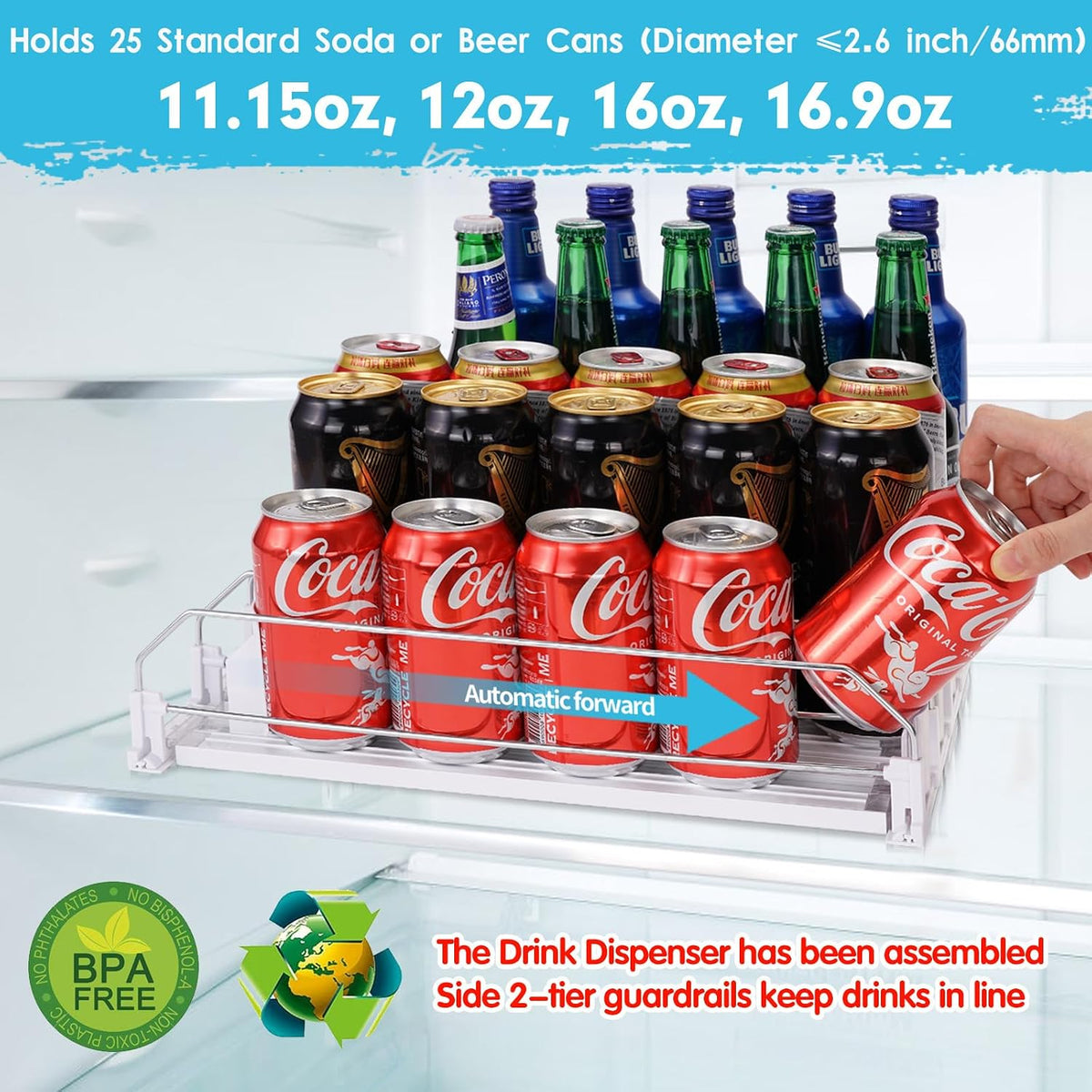 Drink Dispenser for Refrigerator, Self-Pushing Soda Can Organizer for Fridge, 3 Rows has been Assembled, Automatic Can Organizer with Spring Loaded for Refrigerator Holds 12 cans, Black