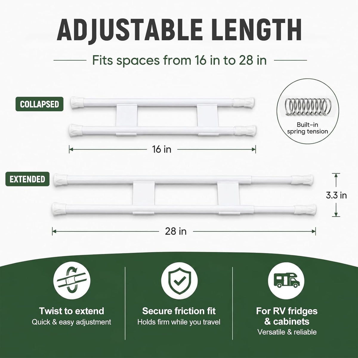 Double RV Refrigerator Bars, Adjustable Auto Refrigerator Rod Extends Between 15.9" and 28.6", Non-Slip Fridge Tension Rod for Camper Kitchen Cupboard Bookshelf