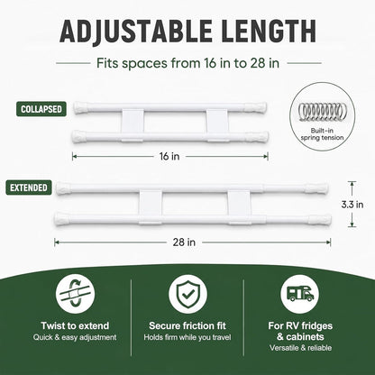 Double RV Refrigerator Bars, Adjustable Auto Refrigerator Rod Extends Between 15.9" and 28.6", Non-Slip Fridge Tension Rod for Camper Kitchen Cupboard Bookshelf