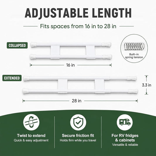 Double RV Refrigerator Bars, Adjustable Auto Refrigerator Rod Extends Between 15.9" and 28.6", Non-Slip Fridge Tension Rod for Camper Kitchen Cupboard Bookshelf