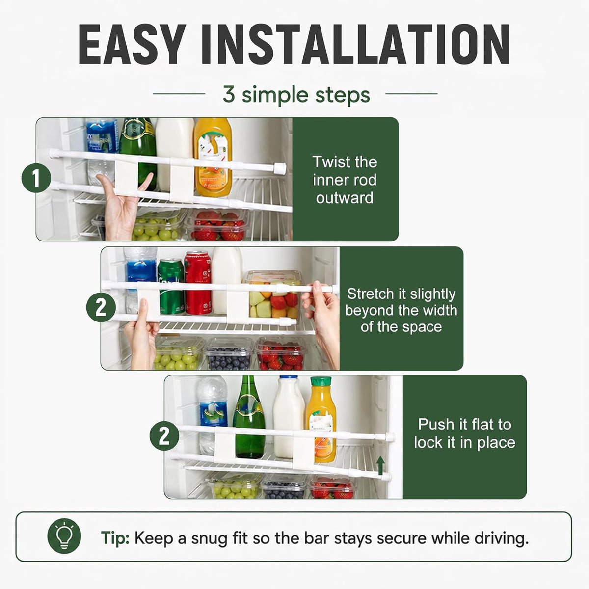 Double RV Refrigerator Bars, Adjustable Auto Refrigerator Rod Extends Between 15.9" and 28.6", Non-Slip Fridge Tension Rod for Camper Kitchen Cupboard Bookshelf