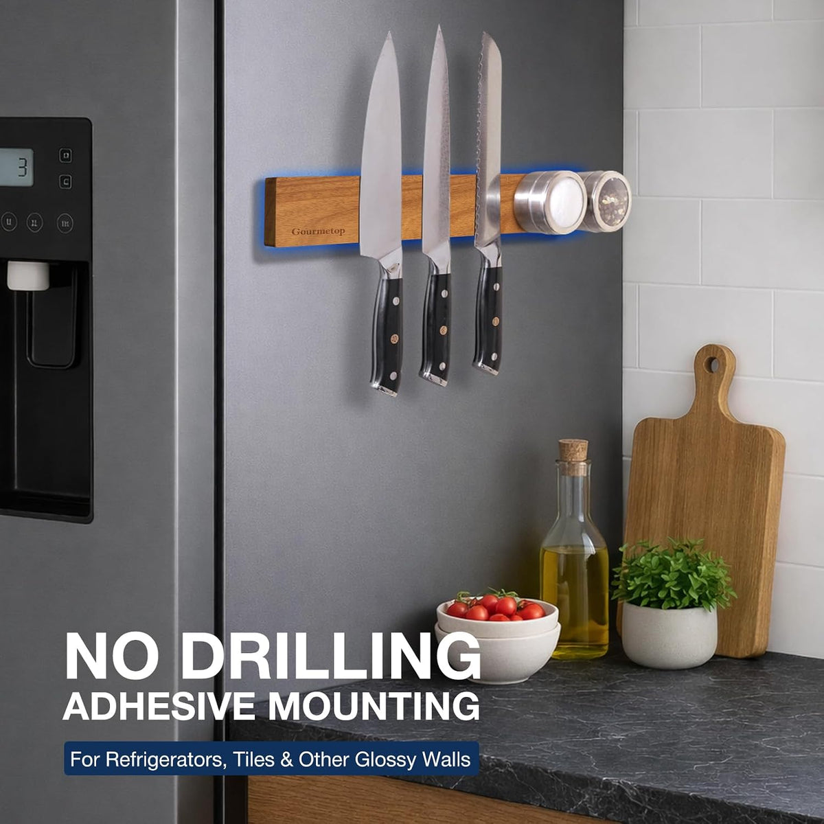 Magnetic Knife Holder for Wall 16”, Acacia Wood, No Drill Fridge