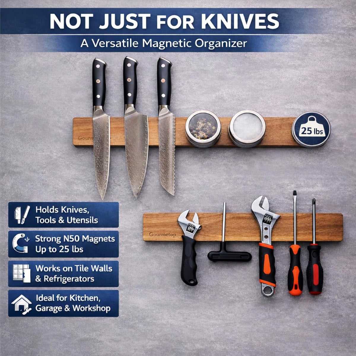 Magnetic Knife Holder for Wall 16”, Acacia Wood, No Drill Fridge