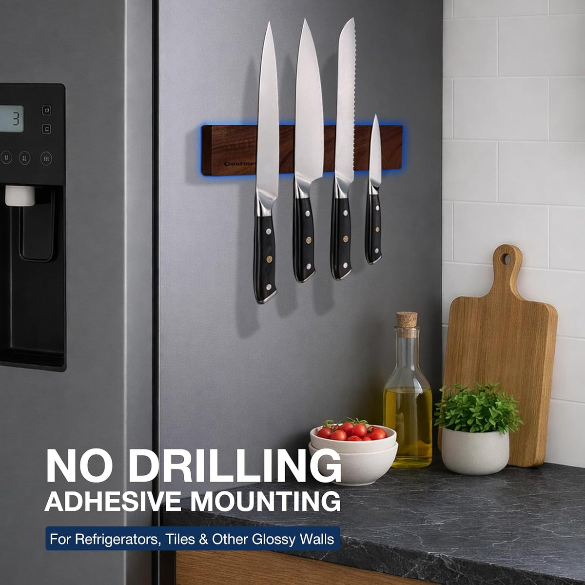 Magnetic Knife Holder for Wall 16”, Acacia Wood, No Drill Fridge