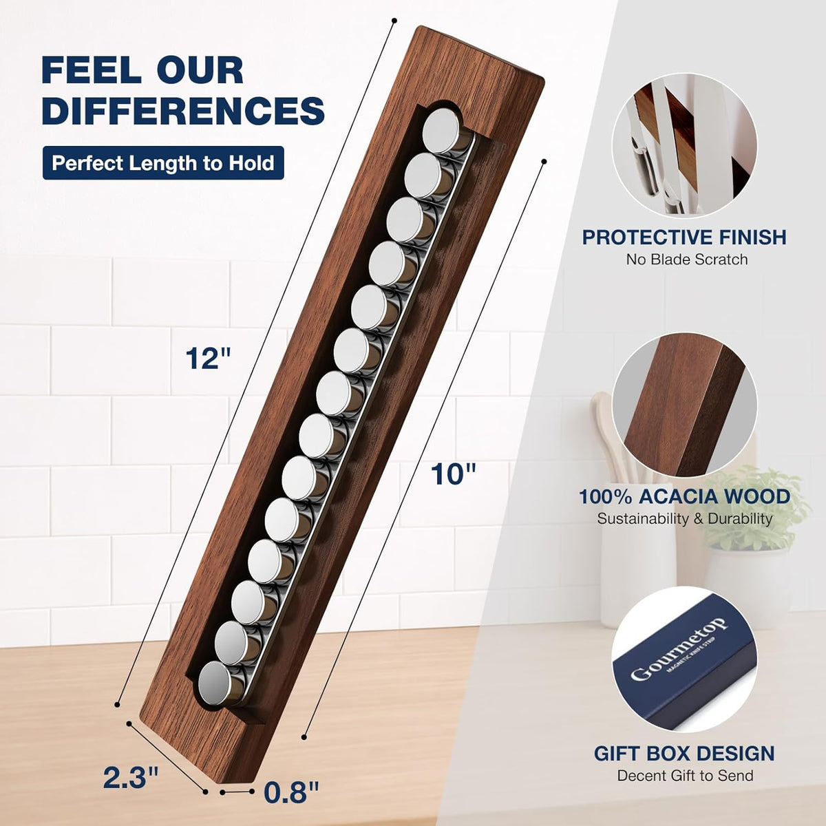 Magnetic Knife Holder for Wall 16”, Acacia Wood, No Drill Fridge