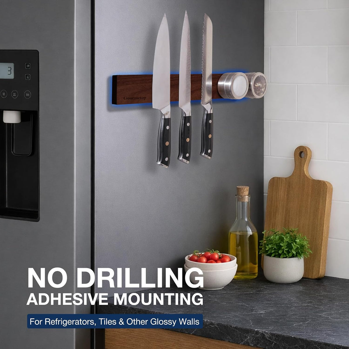 Magnetic Knife Holder for Wall 16”, Acacia Wood, No Drill Fridge