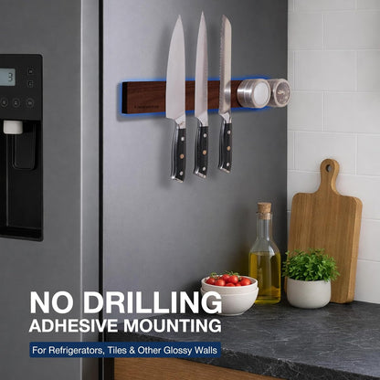 Magnetic Knife Holder for Wall 16”, Acacia Wood, No Drill Fridge
