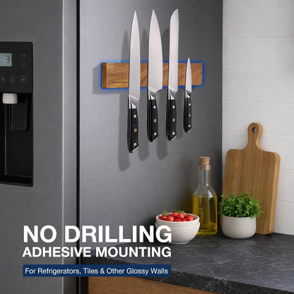 Magnetic Knife Holder for Wall 16”, Acacia Wood, No Drill Fridge
