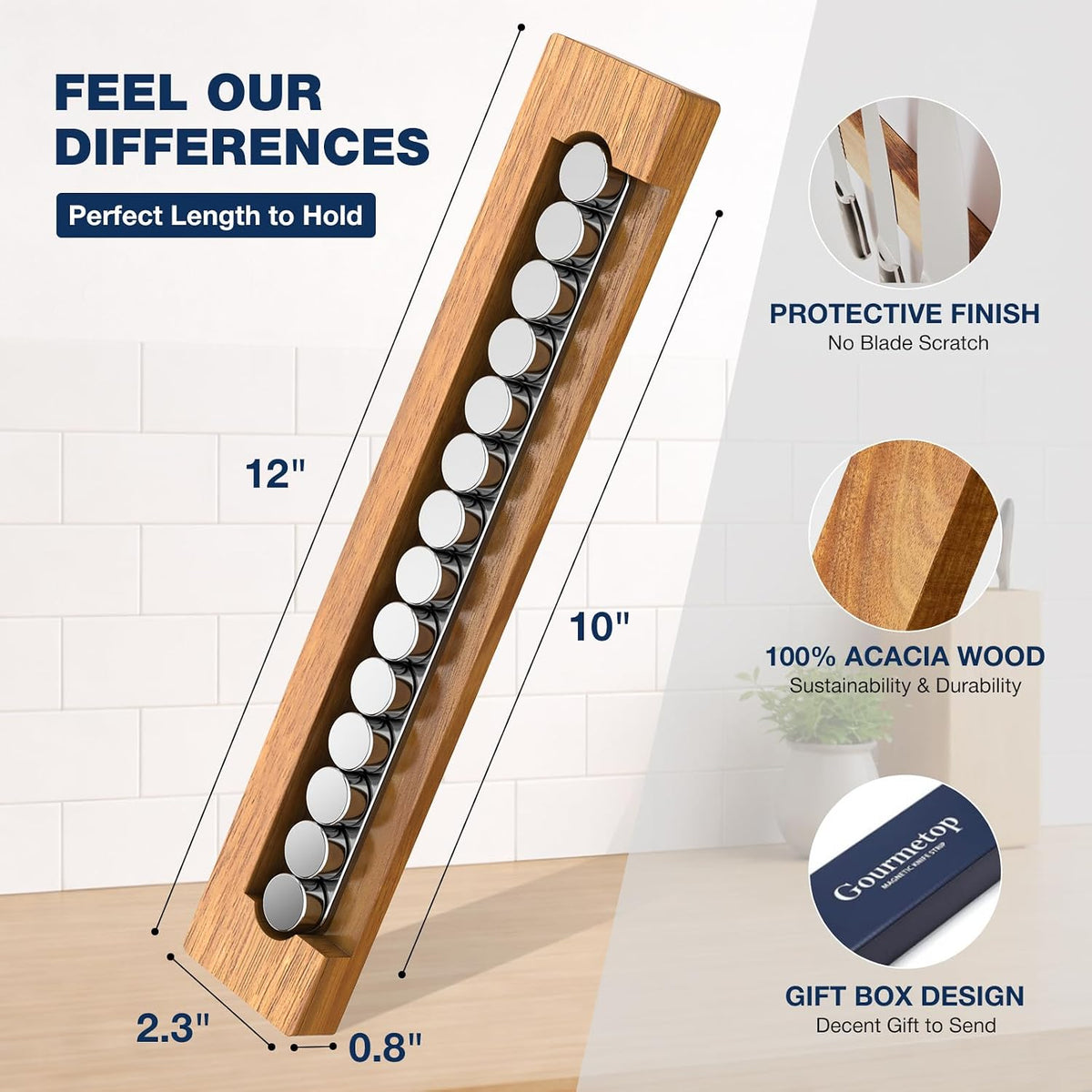 Magnetic Knife Holder for Wall 16”, Acacia Wood, No Drill Fridge