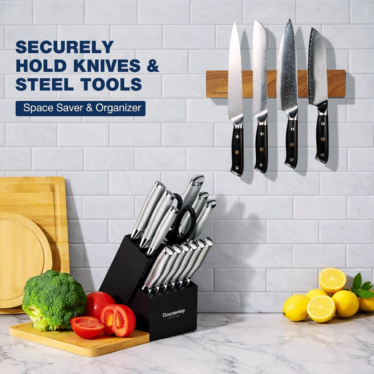 Magnetic Knife Holder for Wall 16”, Acacia Wood, No Drill Fridge