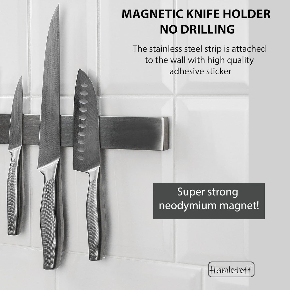 Premium Magnetic Knife Strip for Wall no Drilling – 16 Inch Stainless Steel Magnetic Knife Holder with Neodymium Magnet Strong Adhesive Tape - Lightweight Kitchen Magnet Knife Bar