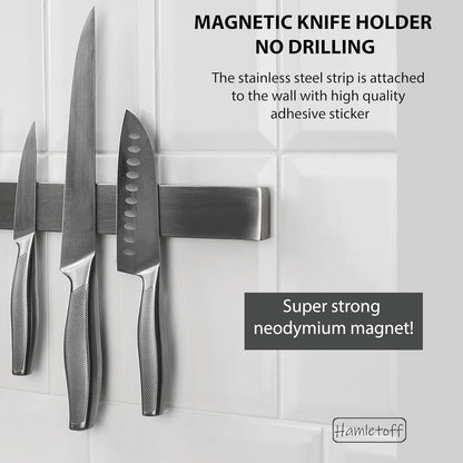Premium Magnetic Knife Strip for Wall no Drilling – 16 Inch Stainless Steel Magnetic Knife Holder with Neodymium Magnet Strong Adhesive Tape - Lightweight Kitchen Magnet Knife Bar