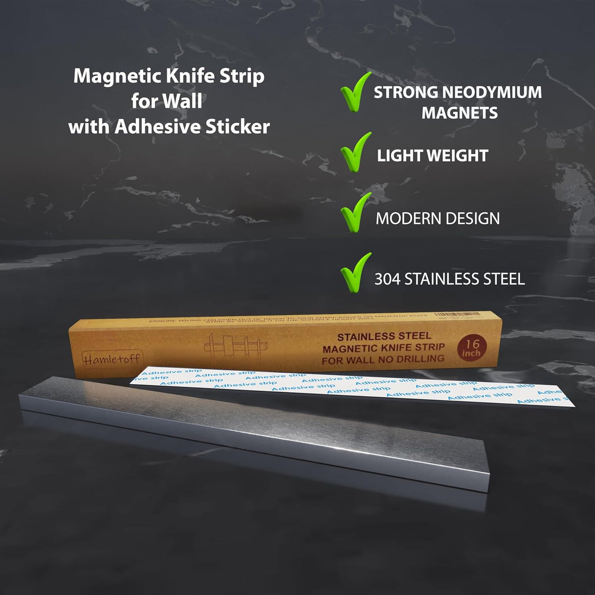 Premium Magnetic Knife Strip for Wall no Drilling – 16 Inch Stainless Steel Magnetic Knife Holder with Neodymium Magnet Strong Adhesive Tape - Lightweight Kitchen Magnet Knife Bar