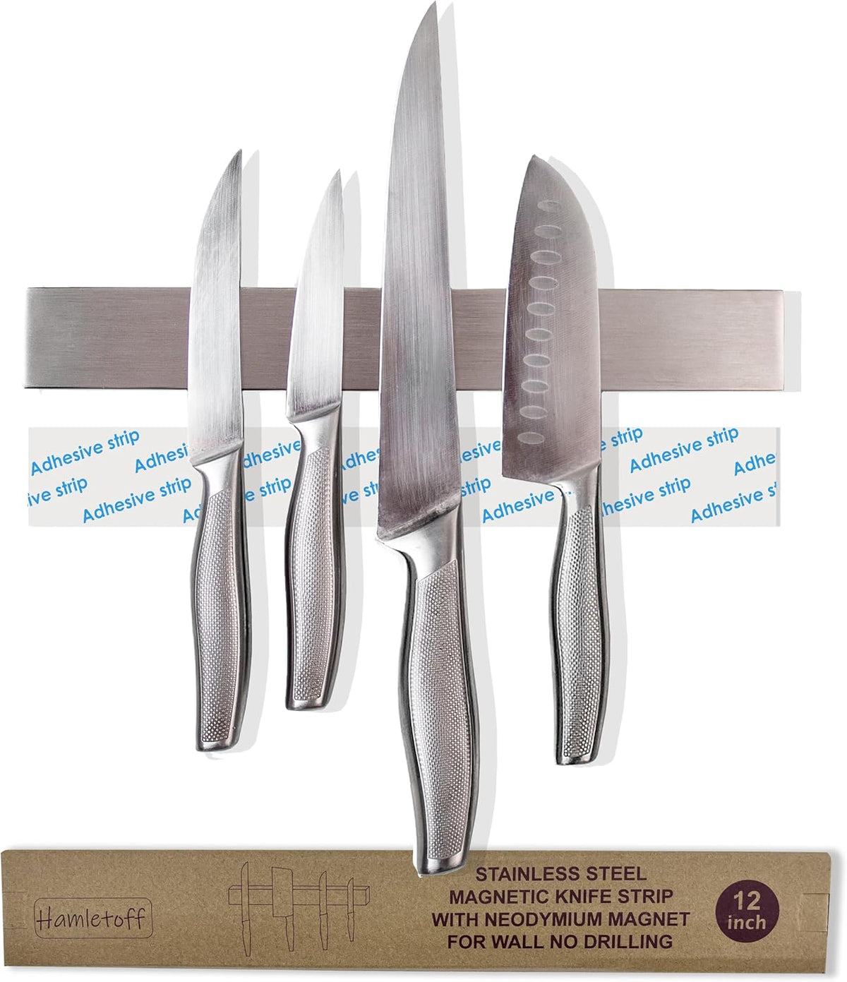 Premium Magnetic Knife Strip for Wall no Drilling – 16 Inch Stainless Steel Magnetic Knife Holder with Neodymium Magnet Strong Adhesive Tape - Lightweight Kitchen Magnet Knife Bar
