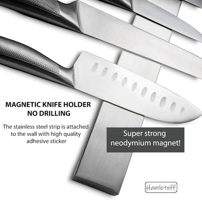 Premium Magnetic Knife Strip for Wall no Drilling – 16 Inch Stainless Steel Magnetic Knife Holder with Neodymium Magnet Strong Adhesive Tape - Lightweight Kitchen Magnet Knife Bar