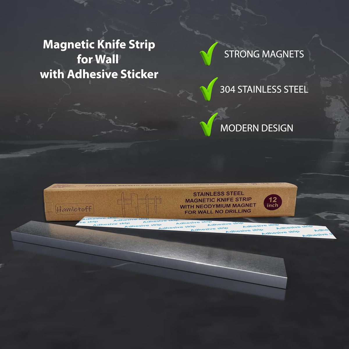 Premium Magnetic Knife Strip for Wall no Drilling – 16 Inch Stainless Steel Magnetic Knife Holder with Neodymium Magnet Strong Adhesive Tape - Lightweight Kitchen Magnet Knife Bar