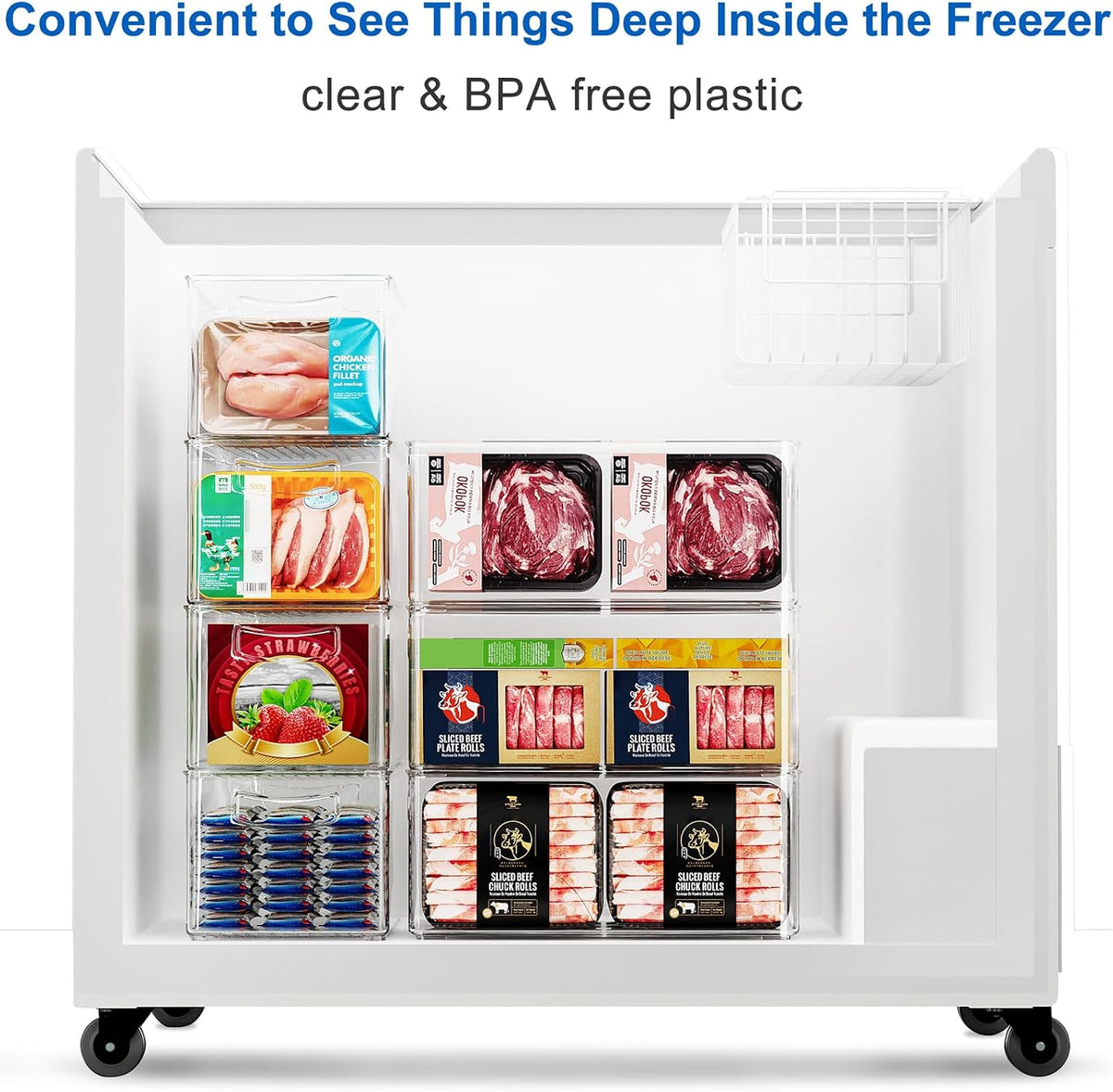 2 Pack Deep Freezer Organizer Bins, Straight Side Stackable Chest Freezer Storage Bins, Pantry organizers and Storage, Food-Grade Plastic