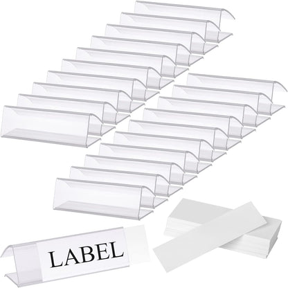 100 Pcs Plastic Label Holder with 100 Pcs Label Inserts, 3" L x1" H Clear Plastic Shelf Label Holder, Shelf Sign and Ticket Holder, Clips On to Shelves 5/8" to 3/4" Thick
