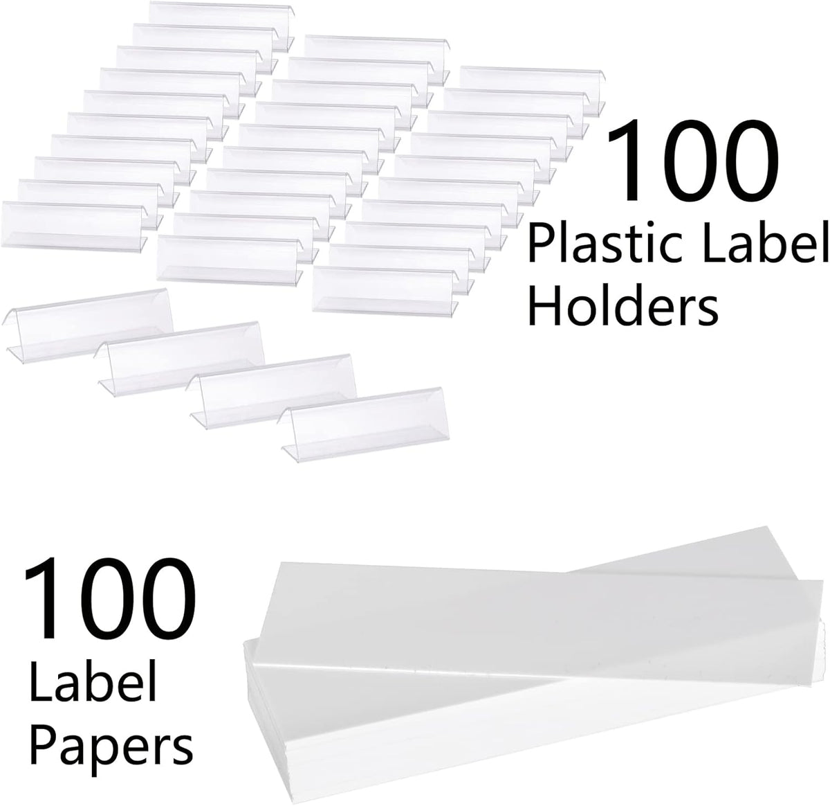 100 Pcs Plastic Label Holder with 100 Pcs Label Inserts, 3" L x1" H Clear Plastic Shelf Label Holder, Shelf Sign and Ticket Holder, Clips On to Shelves 5/8" to 3/4" Thick