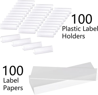 100 Pcs Plastic Label Holder with 100 Pcs Label Inserts, 3" L x1" H Clear Plastic Shelf Label Holder, Shelf Sign and Ticket Holder, Clips On to Shelves 5/8" to 3/4" Thick