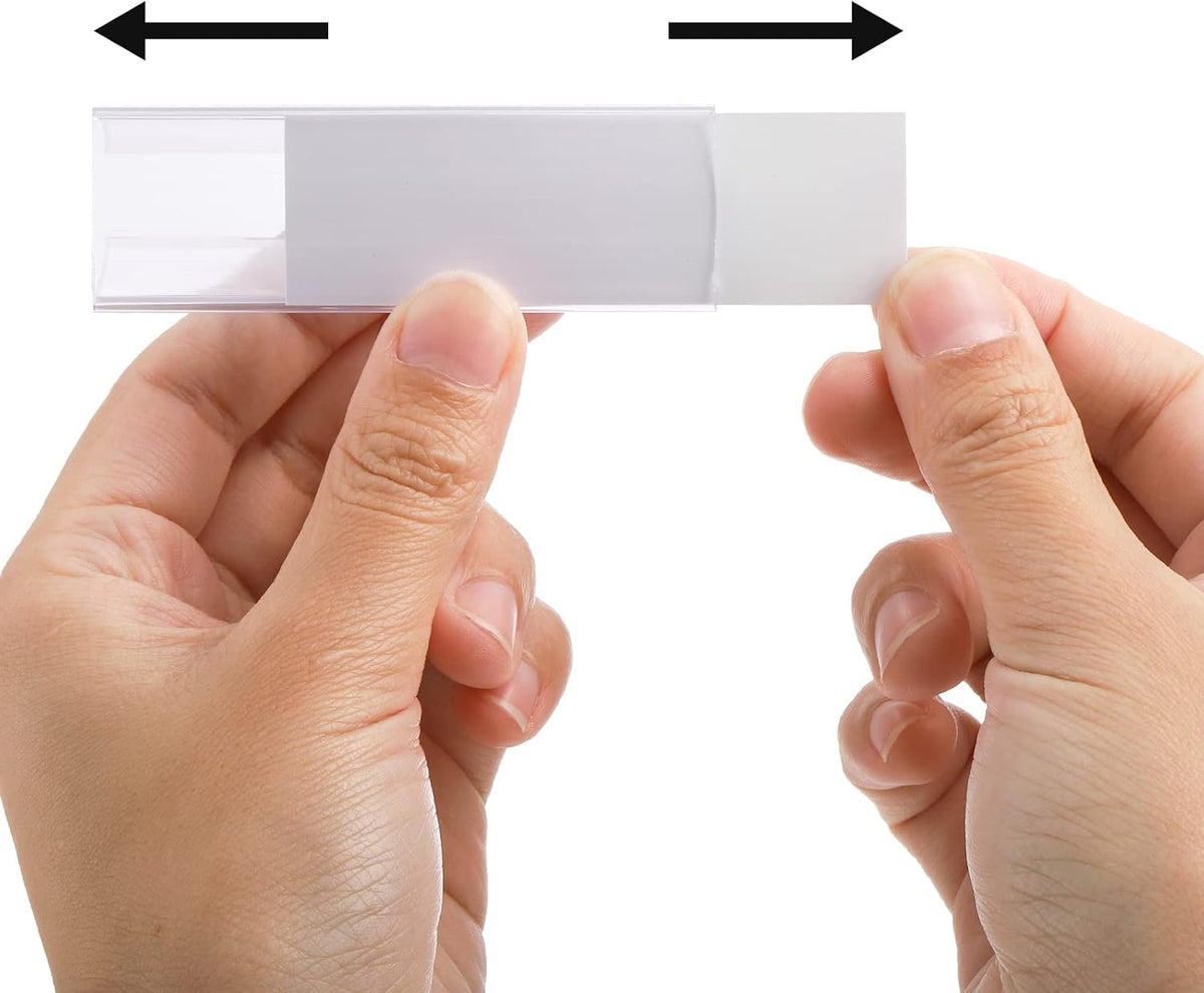100 Pcs Plastic Label Holder with 100 Pcs Label Inserts, 3" L x1" H Clear Plastic Shelf Label Holder, Shelf Sign and Ticket Holder, Clips On to Shelves 5/8" to 3/4" Thick