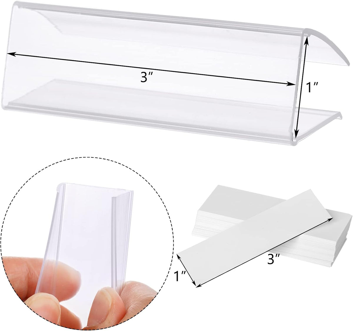 100 Pcs Plastic Label Holder with 100 Pcs Label Inserts, 3" L x1" H Clear Plastic Shelf Label Holder, Shelf Sign and Ticket Holder, Clips On to Shelves 5/8" to 3/4" Thick