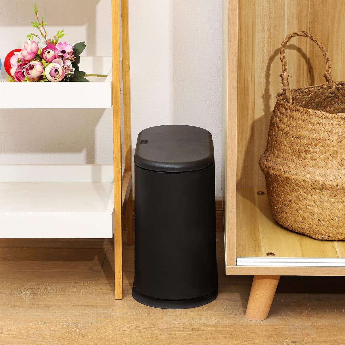 Black Slim Bathroom Trash Can with Press Top Lid,12 Liter Small Thin Garbage Can,3.17 Gallon Narrow Dog Proof Plastic Waste Basket and Covered Wastebasket for Room,Bedroom,Kitchen,Toilet,Office,Dorm