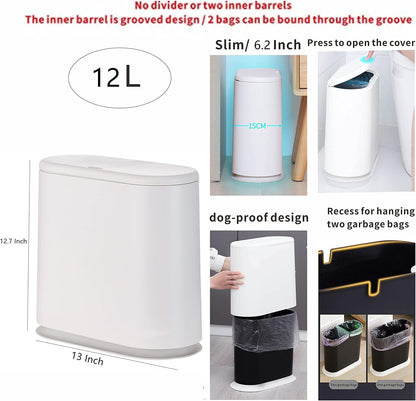 Black Slim Bathroom Trash Can with Press Top Lid,12 Liter Small Thin Garbage Can,3.17 Gallon Narrow Dog Proof Plastic Waste Basket and Covered Wastebasket for Room,Bedroom,Kitchen,Toilet,Office,Dorm