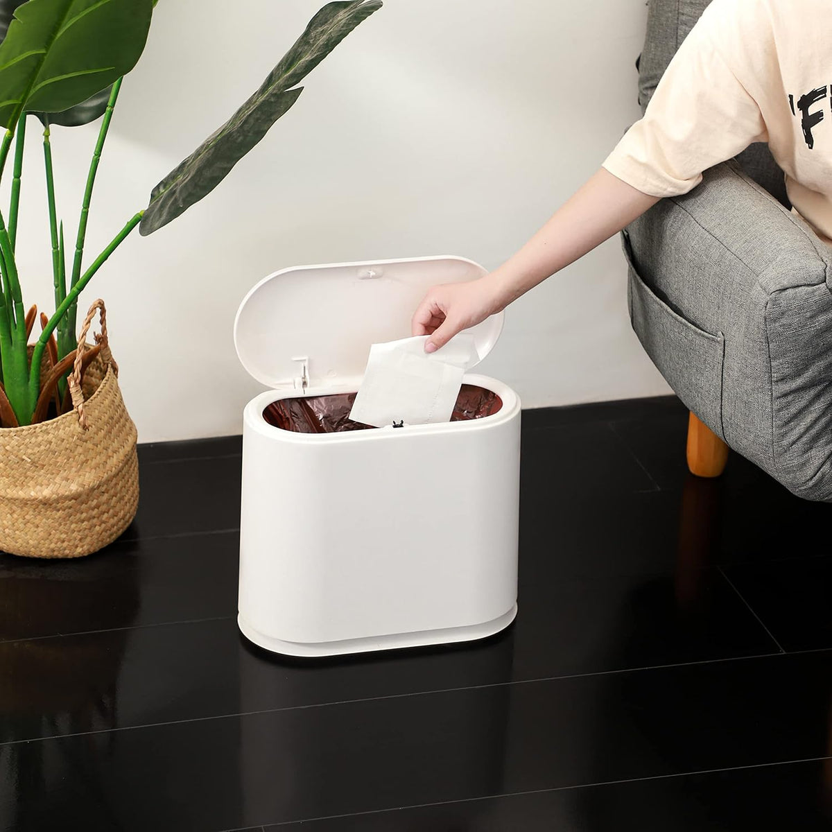 Black Slim Bathroom Trash Can with Press Top Lid,12 Liter Small Thin Garbage Can,3.17 Gallon Narrow Dog Proof Plastic Waste Basket and Covered Wastebasket for Room,Bedroom,Kitchen,Toilet,Office,Dorm