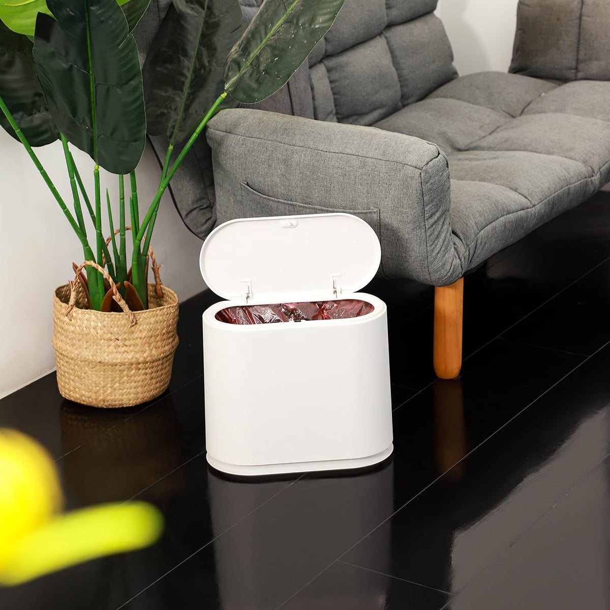 Black Slim Bathroom Trash Can with Press Top Lid,12 Liter Small Thin Garbage Can,3.17 Gallon Narrow Dog Proof Plastic Waste Basket and Covered Wastebasket for Room,Bedroom,Kitchen,Toilet,Office,Dorm