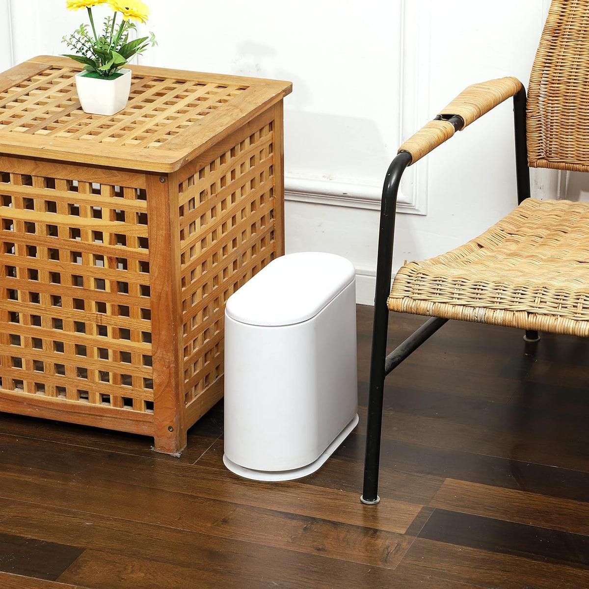 Black Slim Bathroom Trash Can with Press Top Lid,12 Liter Small Thin Garbage Can,3.17 Gallon Narrow Dog Proof Plastic Waste Basket and Covered Wastebasket for Room,Bedroom,Kitchen,Toilet,Office,Dorm