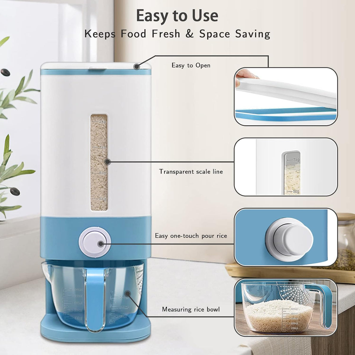 22-25 Lbs Rice Dispenser, Large Cereal Dry Food Storage Containers with Measuring Cup,BPA-Free Household for Kitchen Pantry Organization-Grey