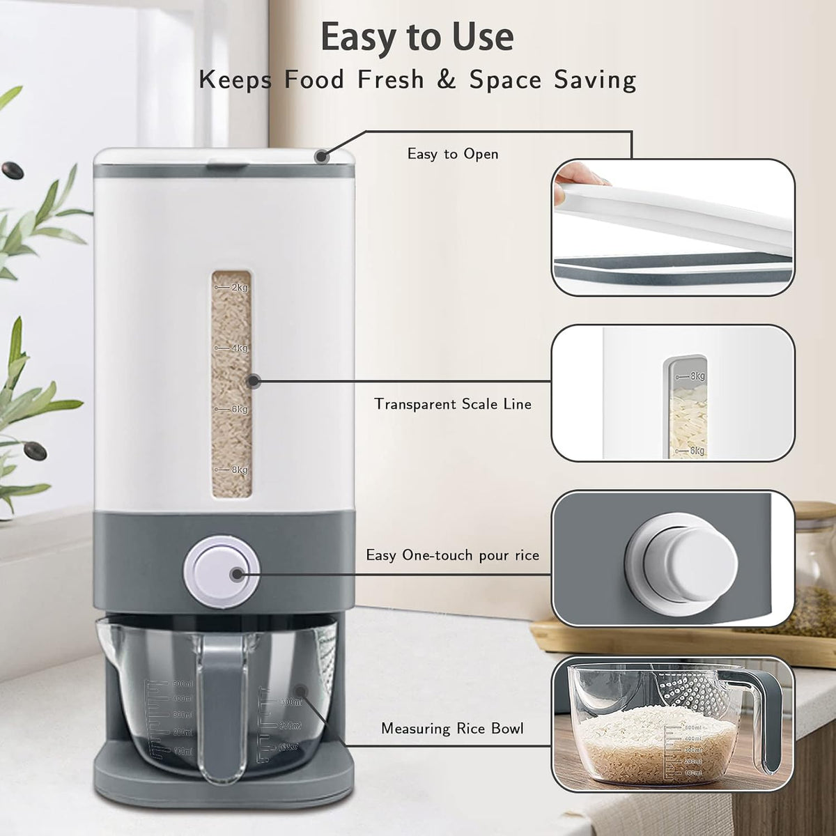 22-25 Lbs Rice Dispenser, Large Cereal Dry Food Storage Containers with Measuring Cup,BPA-Free Household for Kitchen Pantry Organization-Grey