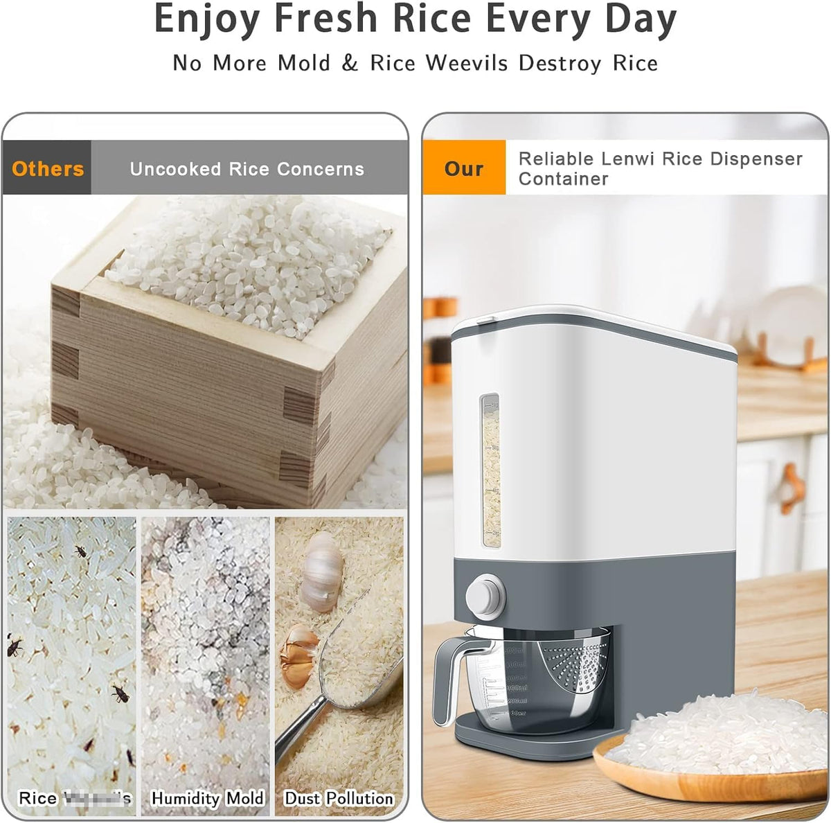 22-25 Lbs Rice Dispenser, Large Cereal Dry Food Storage Containers with Measuring Cup,BPA-Free Household for Kitchen Pantry Organization-Grey