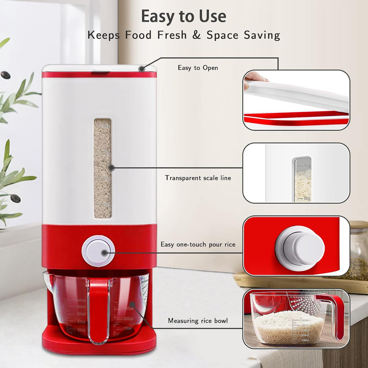 22-25 Lbs Rice Dispenser, Large Cereal Dry Food Storage Containers with Measuring Cup,BPA-Free Household for Kitchen Pantry Organization-Grey