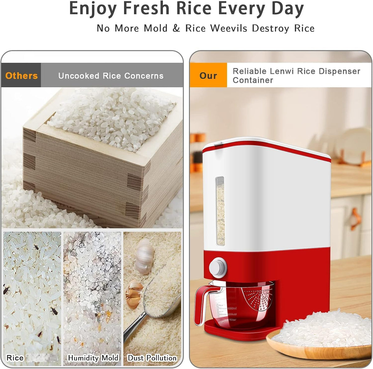 22-25 Lbs Rice Dispenser, Large Cereal Dry Food Storage Containers with Measuring Cup,BPA-Free Household for Kitchen Pantry Organization-Grey