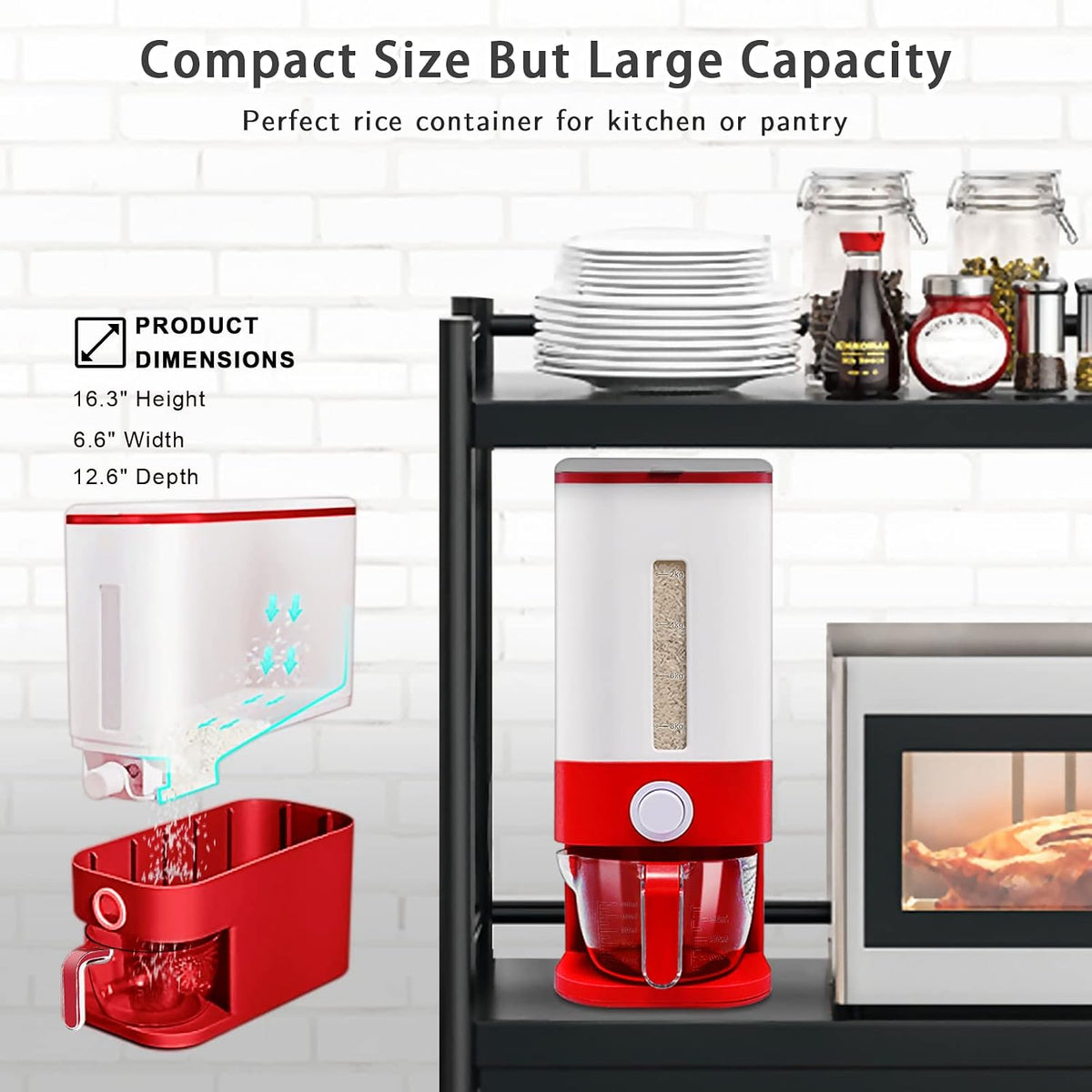 22-25 Lbs Rice Dispenser, Large Cereal Dry Food Storage Containers with Measuring Cup,BPA-Free Household for Kitchen Pantry Organization-Grey