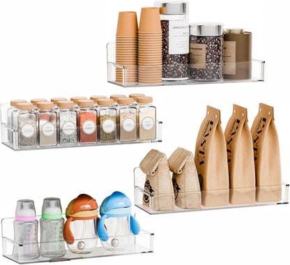 4 Pack Clear Spice Rack Wall Mount with Adhesive,11.5″L x 3.6″W,Stick on Seasoning Jar Spice Organization for Cabinet Door or Pantry Door,Adhesive Wall Spice Rack for RV,Kitchen,Inside Cabinets
