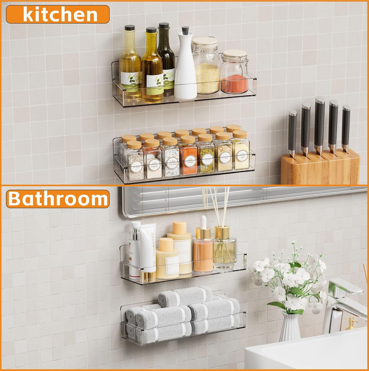 4 Pack Clear Spice Rack Wall Mount with Adhesive,11.5″L x 3.6″W,Stick on Seasoning Jar Spice Organization for Cabinet Door or Pantry Door,Adhesive Wall Spice Rack for RV,Kitchen,Inside Cabinets