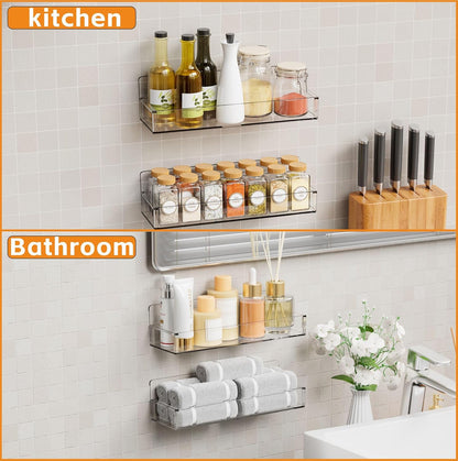 4 Pack Clear Spice Rack Wall Mount with Adhesive,11.5″L x 3.6″W,Stick on Seasoning Jar Spice Organization for Cabinet Door or Pantry Door,Adhesive Wall Spice Rack for RV,Kitchen,Inside Cabinets