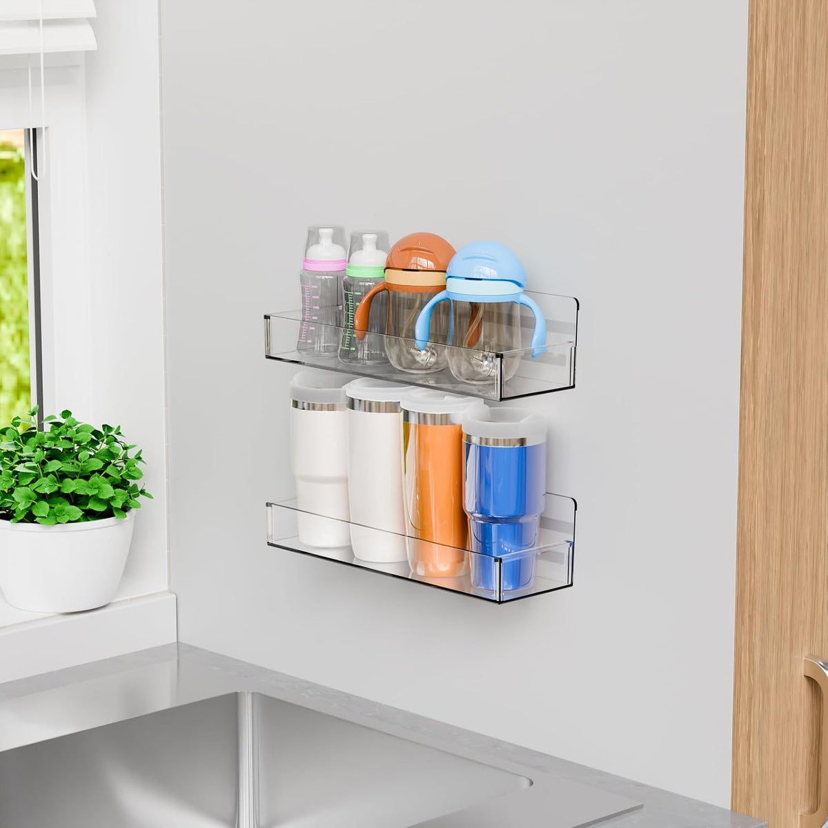 4 Pack Clear Spice Rack Wall Mount with Adhesive,11.5″L x 3.6″W,Stick on Seasoning Jar Spice Organization for Cabinet Door or Pantry Door,Adhesive Wall Spice Rack for RV,Kitchen,Inside Cabinets