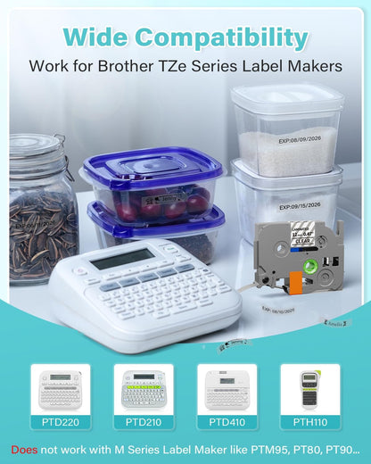 Replace for Brother Label Maker Tape P Touch Label Tape TZe231 | Tze TZ Tape 12mm 0.47 Laminated White 1/2" TZe-231 for Brother Ptouch PT-D200 D210 D220 H110 D410 P710BT 1750 1180, 6-Pack