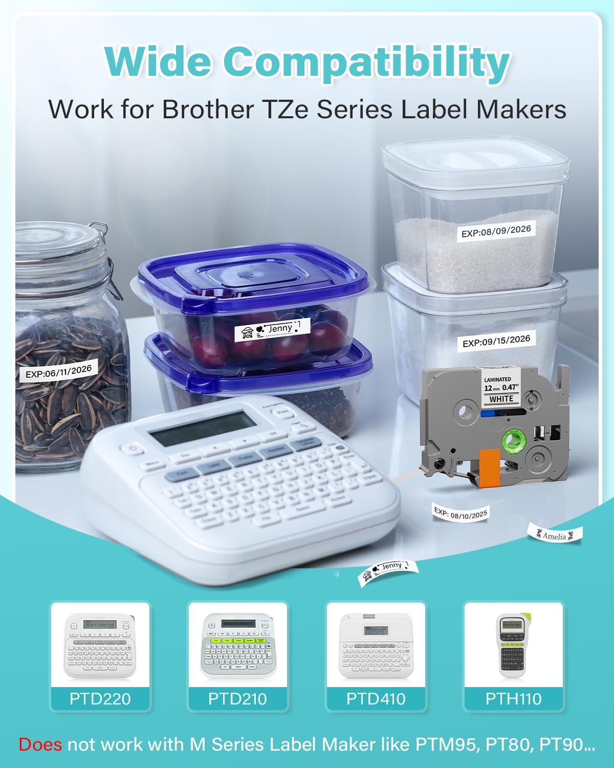 Replace for Brother Label Maker Tape P Touch Label Tape TZe231 | Tze TZ Tape 12mm 0.47 Laminated White 1/2" TZe-231 for Brother Ptouch PT-D200 D210 D220 H110 D410 P710BT 1750 1180, 6-Pack