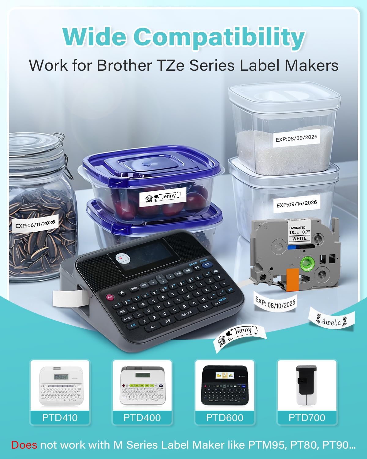 Replace for Brother Label Maker Tape P Touch Label Tape TZe231 | Tze TZ Tape 12mm 0.47 Laminated White 1/2" TZe-231 for Brother Ptouch PT-D200 D210 D220 H110 D410 P710BT 1750 1180, 6-Pack