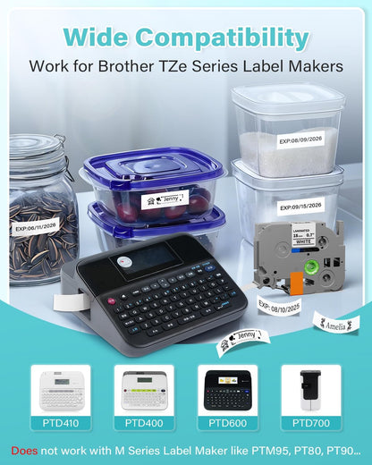 Replace for Brother Label Maker Tape P Touch Label Tape TZe231 | Tze TZ Tape 12mm 0.47 Laminated White 1/2" TZe-231 for Brother Ptouch PT-D200 D210 D220 H110 D410 P710BT 1750 1180, 6-Pack