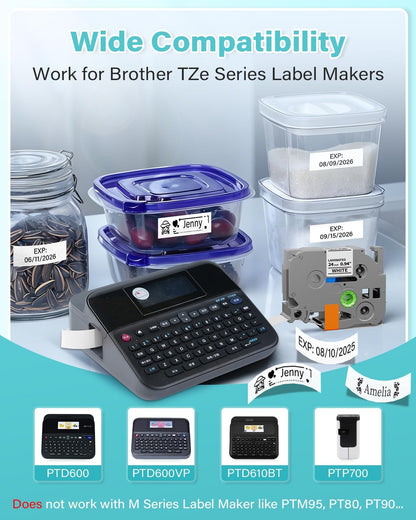 Replace for Brother Label Maker Tape P Touch Label Tape TZe231 | Tze TZ Tape 12mm 0.47 Laminated White 1/2" TZe-231 for Brother Ptouch PT-D200 D210 D220 H110 D410 P710BT 1750 1180, 6-Pack