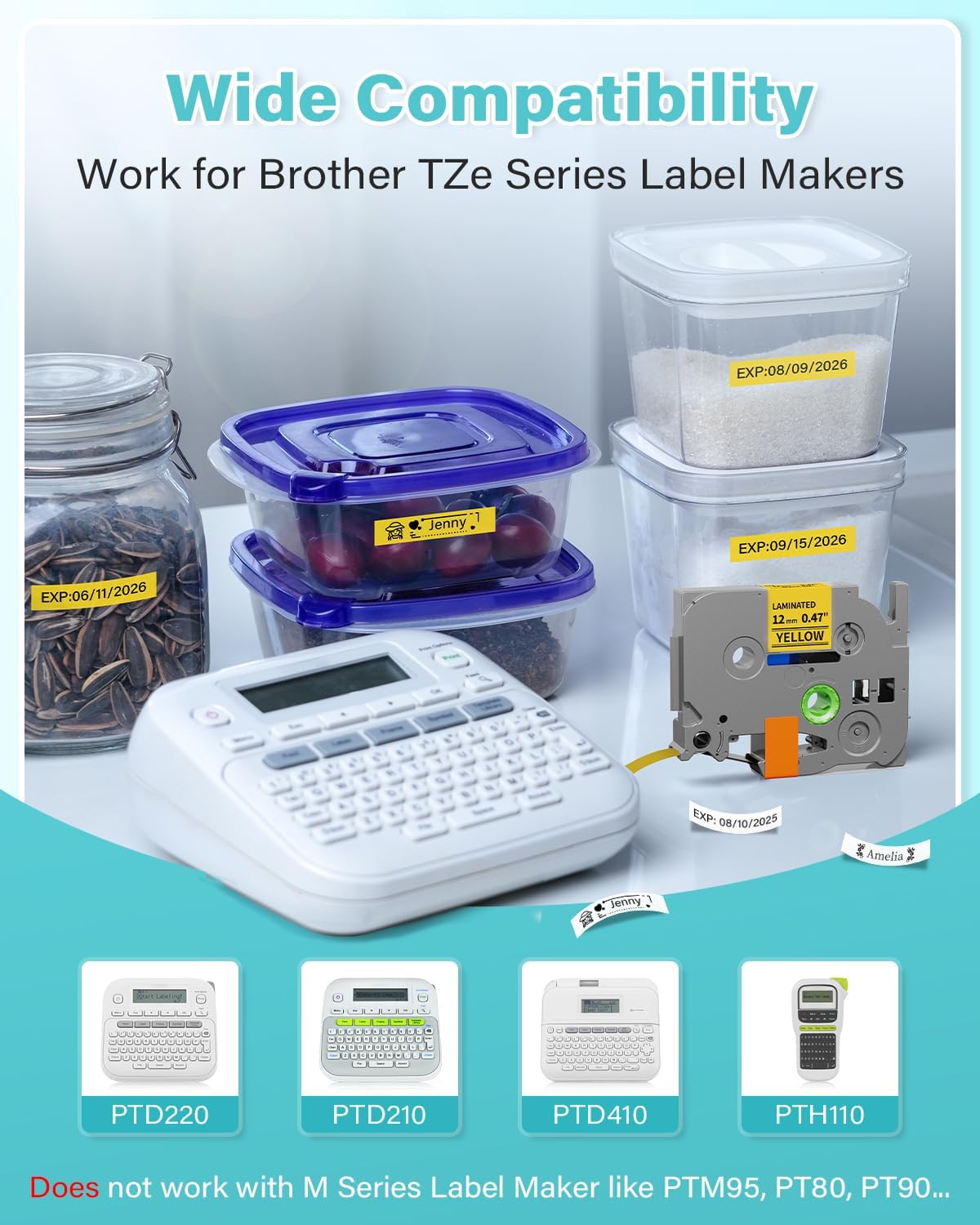 Replace for Brother Label Maker Tape P Touch Label Tape TZe231 | Tze TZ Tape 12mm 0.47 Laminated White 1/2" TZe-231 for Brother Ptouch PT-D200 D210 D220 H110 D410 P710BT 1750 1180, 6-Pack