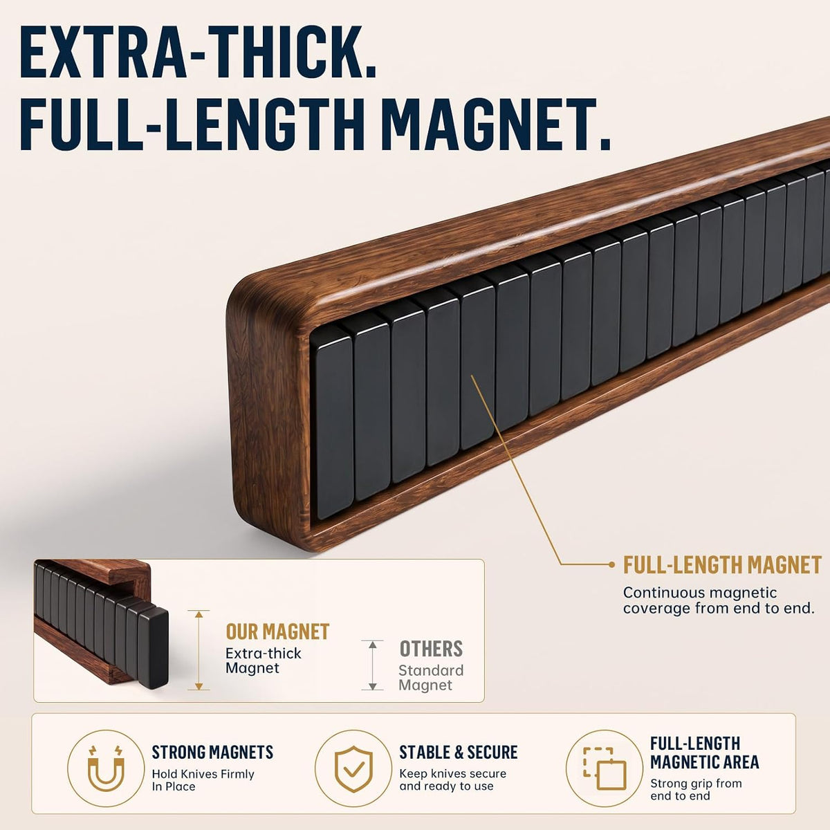 Magnetic Knife Holder for Wall, 16 Inch Acacia Wood Knife Strip, 4 Hooks