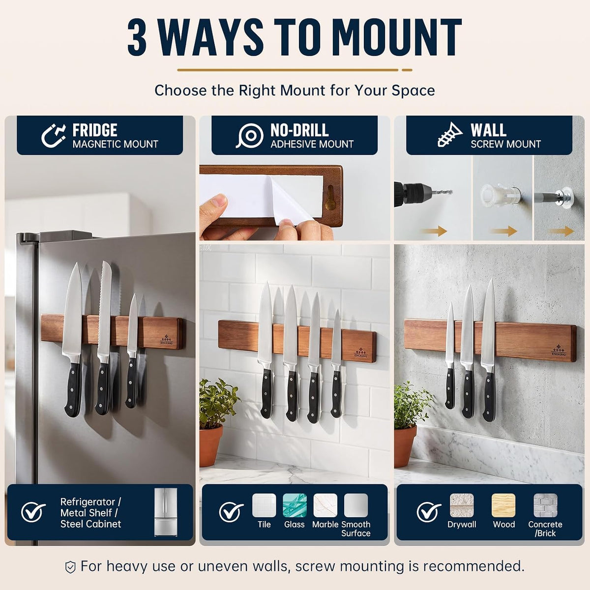 Magnetic Knife Holder for Wall, 16 Inch Acacia Wood Knife Strip, 4 Hooks